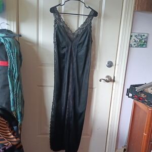 Elegant Black Lace And Satic Romantic Slit Legs Goth Nightgown